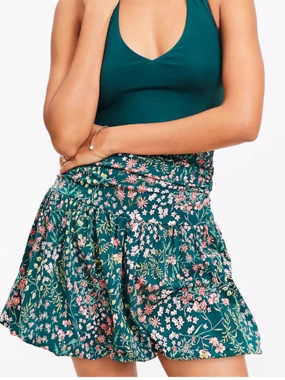 LOFT Dark Green Skirt with Pink Floral Design